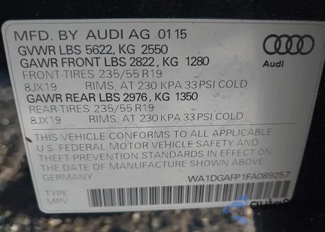 2015 Audi Q5 3.0T Premium Plus from USA, damaged, VIN WA1DGAFP1FA089257